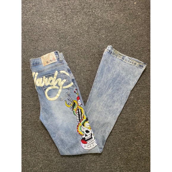 Ed Hardy Flare Blue Jeans Womens 26x32 Tattoo Graphic Embroidered Skull Grunge - Picture 10 of 12